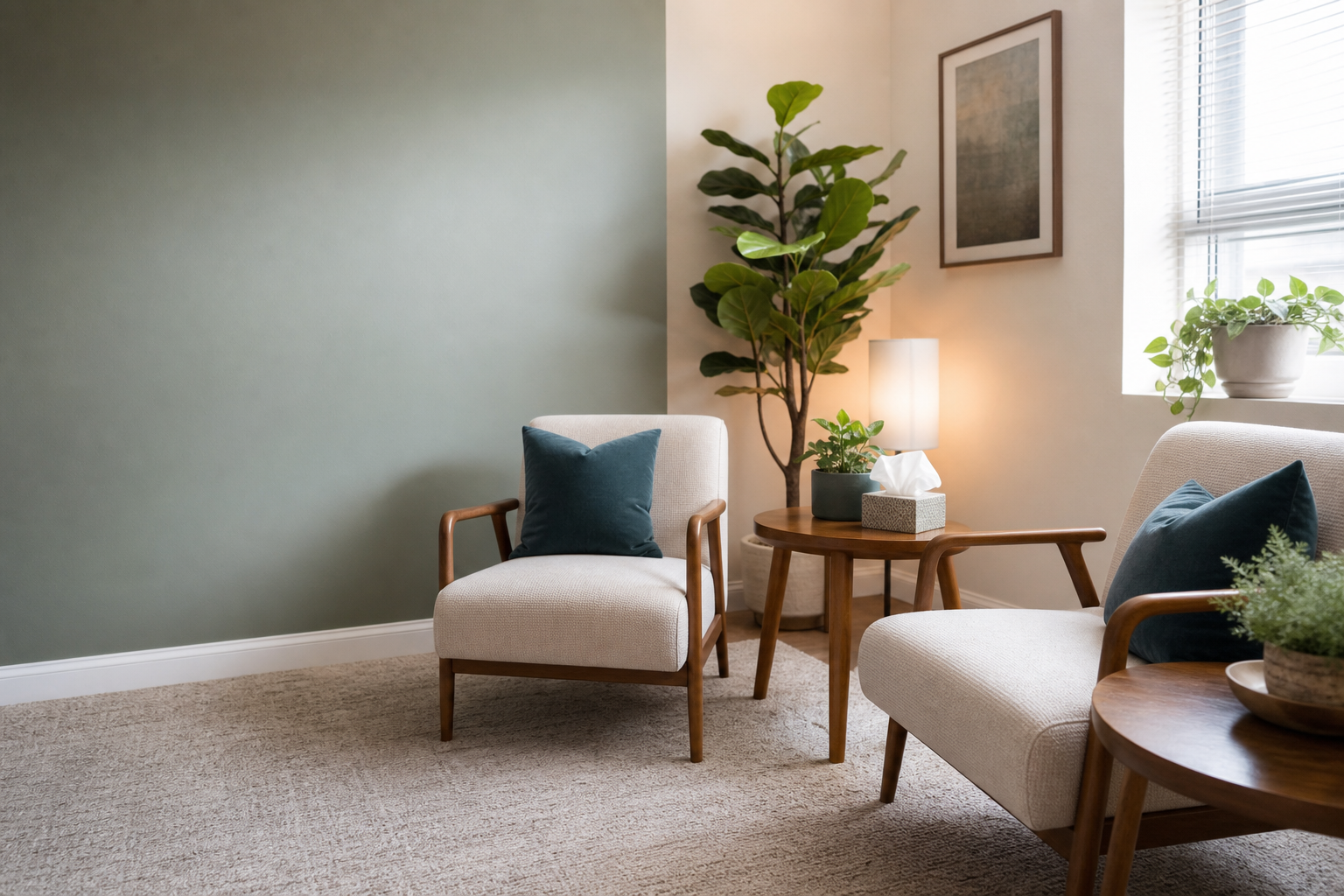 A calm counseling office with chairs, plants, and soft daylight